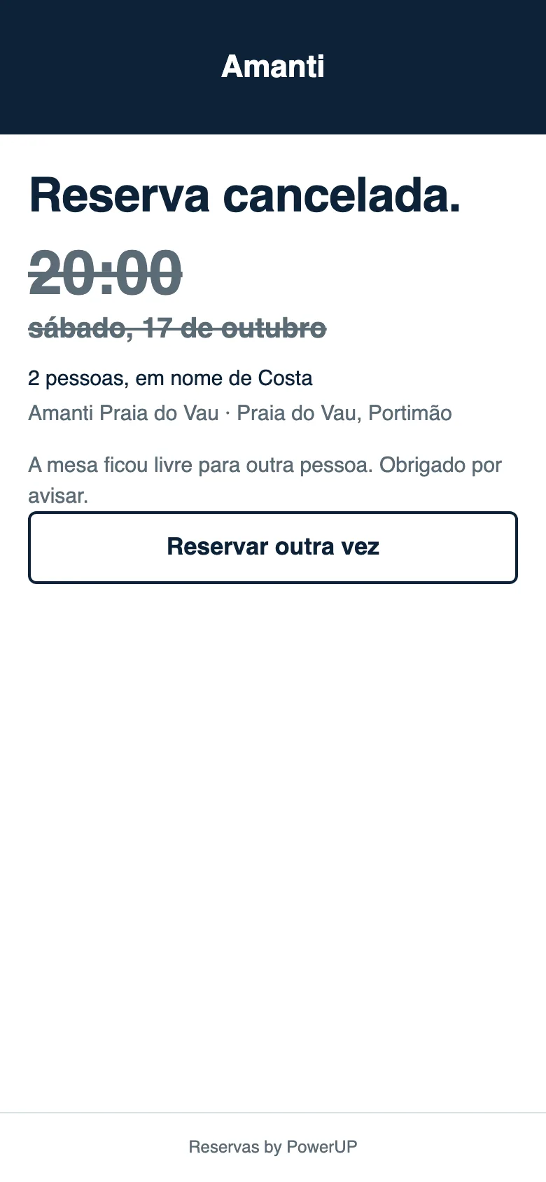 A reserva cancelada pelo cliente: a hora riscada, «A mesa ficou livre para outra pessoa» e o botão «Reservar outra vez».