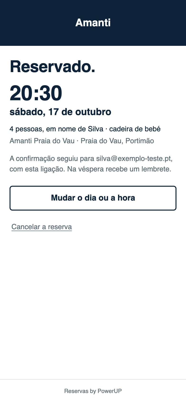 A confirmação: «Reservado.», 20:30 em grande, «sábado, 17 de outubro», «4 pessoas, em nome de Silva», e os botões para mudar a hora ou cancelar.