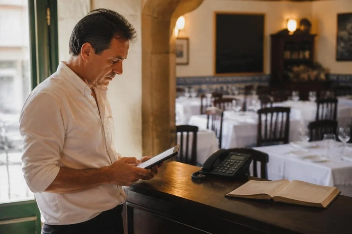 O dono de um restaurante, ao balcão da entrada antes do serviço, vê as reservas do dia num tablet; o telefone e o caderno de papel ficaram ao lado.